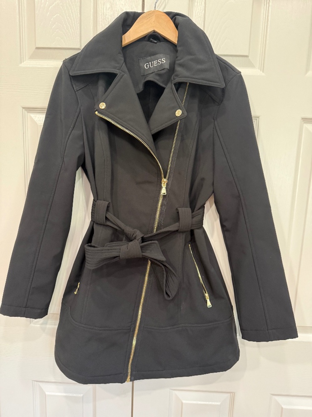 Guess Belted Black Moto Trench Coat with Gold Hardware